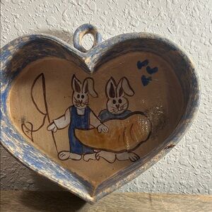 Heart-Shaped Pottery Bowl with Bunny Design Easter Cottage Core